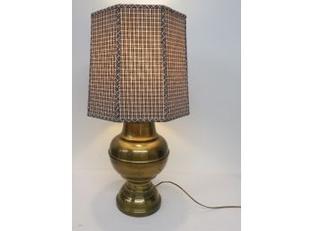 Mid Century Brass Ginger Jar Style Lamp With Octagon Shaped Cloth Plaid Shade, Attractive Lamp