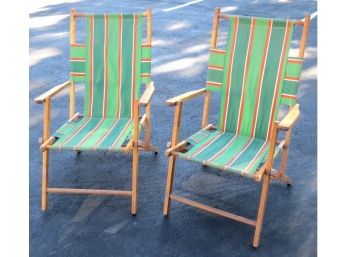 Vintage Mid-century Pair Of Telescope Folding Furniture Colorful Canvas Beach Chairs, All Original