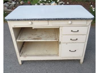 Vintage Hoosier Cabinet Base With Granite Speckled Edge White Enamel Top