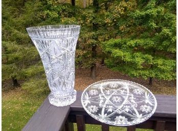 Large Cut Glass Crystal Vase And Platter Dish