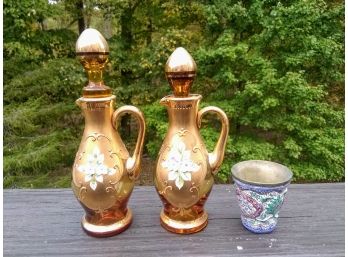 Amber Glass Painted Cruets & Cloisonne Cup
