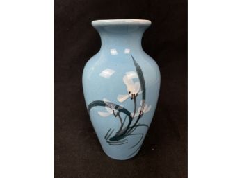 White Floral Painted Blue Vase