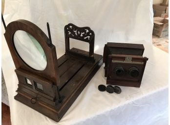 Unusual Victorian Graphoscope Stereoscopic Table Top Viewer, And Antique Box Camera
