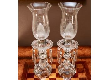 Pair Of Two Vintage Etched Glass Hurricane Lamps