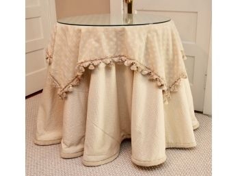 Round Accent Skirted Table With Custom Made Tablecloth And Glass Top