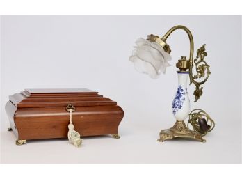 Bombay Jewelry Box And Porcelain And Brass Dresser Lamp