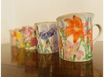 Set Of 5 Lenox Daylily Pattern Gold Trimmed Floral Porcelain Mugs