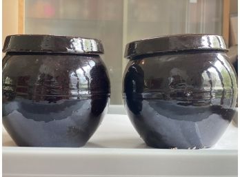 Pair Of Vintage Style Glazed Ceramic Canisters With Lids