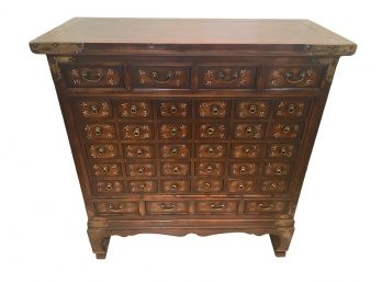 Korean Apothecary Chest With Brass Ring Pulls And Gold Leaf Stenciling