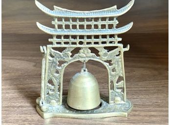 Asian Inspired Brass Bell With Pagoda Stand And Mallet