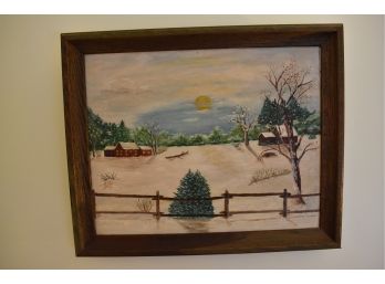 Framed Winter Scene Painted On Canvas