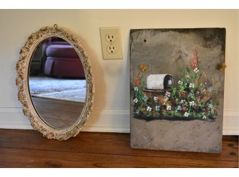 Vintage Mirror And Handpainted Slate Wall Hanging