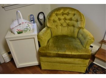 Lime Green Velour Chair And Wooden Storage Cabinet