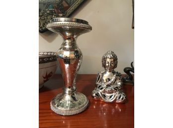 Mercury Glass Candleholder And Buddha