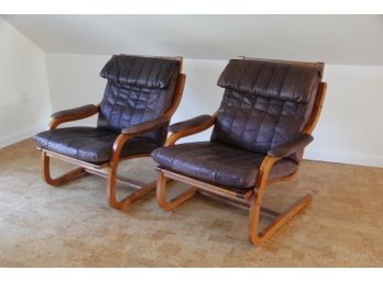 Pair Danish Modern Leather Bentwood Arm Chairs