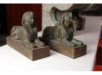 Antique Copper Sphinx Bookends Set On Brass