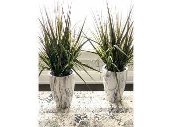 Pair Modern Faux Ferns In Marbleized Planters (LOC: W1)