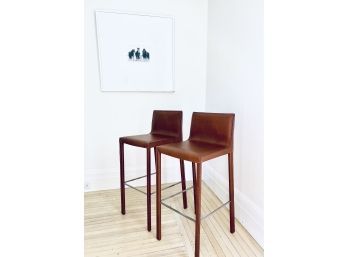 Pair Interlude Bianca Cognac Leather Counter Stools (LOC: S1)