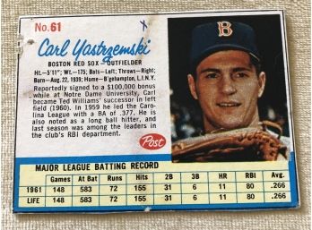 1962 Post Carl Yastrzemski Card #61 Boston Red Sox