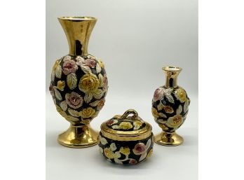 Lot Of Three Vintage Porcelain Rose Pattern Table Pieces W/ 24K Gold Accents From S.A. Leart Co