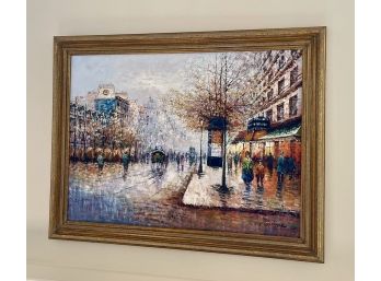 Large Vintage Parisian Street Scene Painting Signed P. Sanchez