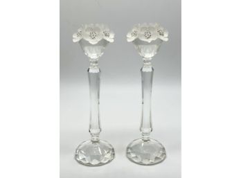 Pair Of Swarovski Frosted Floral Crystal Candlesticks - Note Chip In Picture