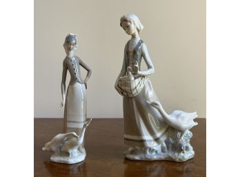 Pair Of Lladro Women With Geese Porcelain Figurines