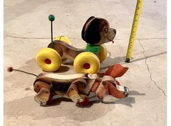 Pair Of Vintage Fisher Price Wooden Toy Dogs