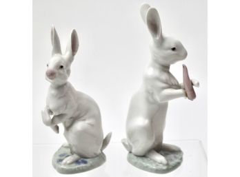 Lladró 'Hippity Hop' And 'Snack Time' Porcelain Bunny Rabbit Figurines
