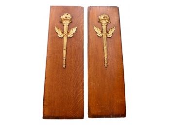 Set Of Two Vintage Wood Plaques With Flaming Torch