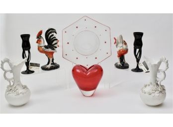 Japanese Hand Painted Rooster And Chicken, Red Glass Heart Vase, Artistic Glass Imports Candleholders And More