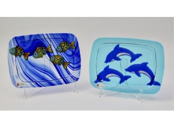 Signed Jan R. Mitchell Dolphins And Fish Fused Studio Art Glass Platters