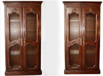 Pair Of Mahogany Lighted Cabinets With Mesh Wired Panels