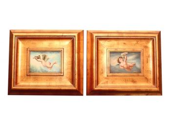 Set Of Two Robert Grace Hollister, CA Flying Cherub Angels In Gold Gilt Frames