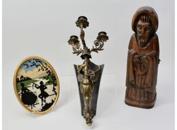 Sterner Imports Wooden Box, Brass Figural Candle Holder,