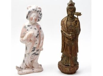 Carved Wood Asian God Figurines + Asian Clay Figurine