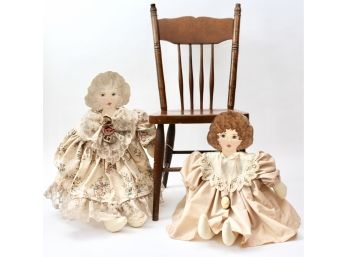 Antique Childs Chair With Two Dolls