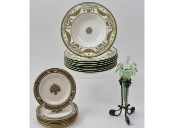 Art Nouveau Green Glass Vase, Orient By Belleek Morgan Plates, Royal Worcester Windsor Bowls