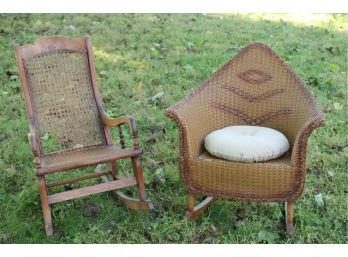Two Antique Child's Wood And Wicker Rocking Chairs
