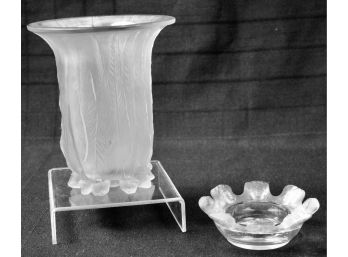 Lalique France Crystal St. Nicholas Trinket Dish + R. Lalique Eucalyptus Glass Vase