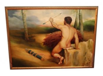 Signed Oil On Canvas Painting Depicting Nude Male Holding Arrow