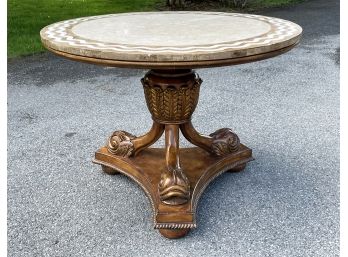A Large Inlaid Marble Top Hall Or Game Table On Ornately Carved Pedestal Base, Possibly Maitland-Smith