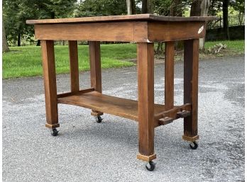 An Antique Mission Oak Work Counter (On Casters)