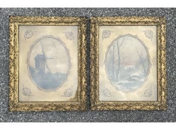 A Pair Of Antique European Lithographs In Gilt Wood Frames