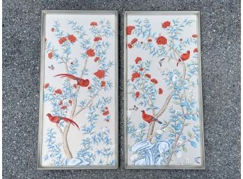 A Pairing Of Large Framed Panels - Asian Bird Motif
