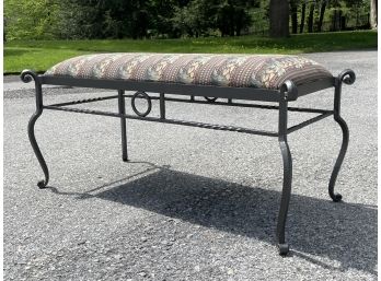 A Wrought Iron Tapestry Upholstered Bench