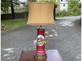 An Antique Hand Painted Ceramic Hunt Cup Lamp - Drilled For Electricity