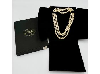 STUNNING 54 Inch Spanish Pearl Vintage Necklace & Sterling Clasp, Original Dust Pouch And Box