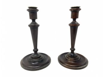 Handsome Pair Of Antique Turned Wooden Candlesticks