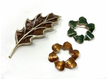 Three Vintage Leaf Pins - 2 Enamel